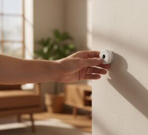 Mão instalando um sensor de movimento de forma simples.