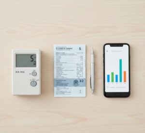 Uma composição estilo flat lay (vista de cima) sobre uma mesa de madeira clara. No centro, uma conta de luz brasileira dobrada. Ao lado, um medidor de energia digital (kill-a-watt), um smartphone exibindo um gráfico de barras coloridas e uma caneta técnica. Estilo fotografia profissional de revista de tecnologia, iluminação clara e limpa.