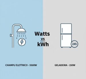 Ilustração comparativa entre um chuveiro elétrico e uma geladeira moderna.