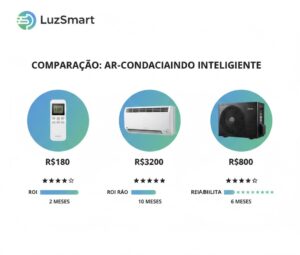 Tabela comparativa de investimento e retorno financeiro entre três tipos de soluções de ar-condicionado inteligente com preços em reais e período de payback