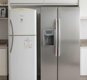 Comparação entre uma geladeira antiga amarelada e uma geladeira moderna de aço inox.