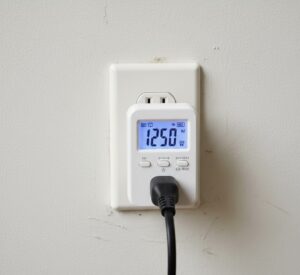 Medidor de consumo de energia digital conectado a um eletrodoméstico mostrando Watts