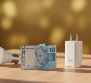 Uma nota de 10 reais ao lado de um Smart Plug, simbolizando economia.