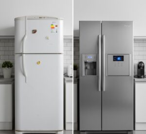 Comparativo entre geladeira convencional branca e geladeira Consul Inverter de aço inox em cozinha moderna.