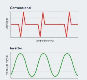 Gráfico comparativo de funcionamento entre compressor convencional on-off e compressor Inverter de velocidade variável.
