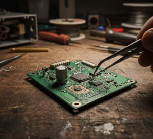 Detalhe de uma placa eletrônica inversora de geladeira com sinais de danos por oscilação de energia.