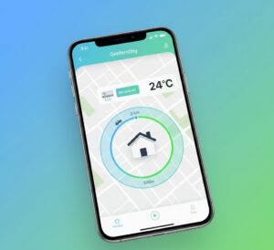Interface de aplicativo mostrando configuração de geofencing para ativar ar-condicionado automaticamente quando usuário está a 2km de casa