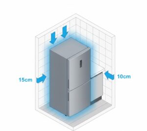 Diagrama técnico mostrando as distâncias corretas de instalação para ventilação da geladeira.