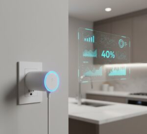Smart Plug Wi-Fi conectado a uma tomada com interface digital futurista mostrando gráficos de economia de energia