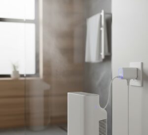 Aquecedor elétrico de banheiro conectado a um smart plug para automação de tempo de banho.