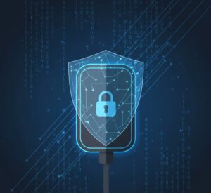 Ilustração sobre segurança digital e privacidade em dispositivos de casa inteligente (IoT).