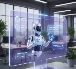 Interface de chatbot de IA avançada resolvendo tickets de suporte de forma rápida e humanizada.