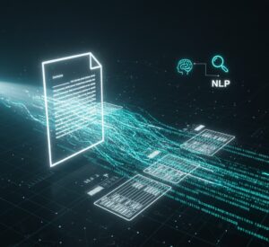 Representação visual de documentos físicos sendo convertidos em dados digitais inteligentes através de IA e NLP.