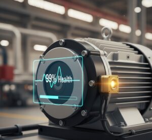 Monitoramento de manutenção preditiva em motor industrial usando sensores e inteligência artificial.