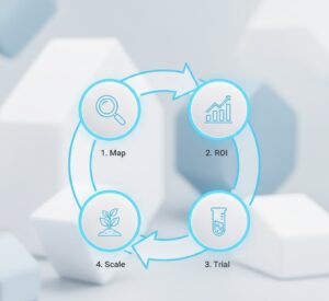 Infográfico dos quatro passos para implementar automação com IA com foco em retorno sobre investimento.