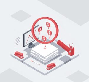 Ilustração de uma lupa detetando fugas de dinheiro e desperdícios em tarefas manuais de escritório.