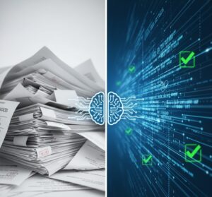 Comparação visual entre o processamento de faturas manual (lento) e o digital com IA (rápido).