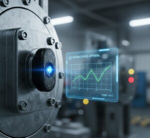 Sensor inteligente instalado em maquinaria industrial para manutenção preditiva e evitar quebras.