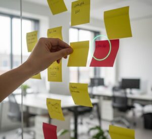 Mão organizando post-its numa parede para identificar tarefas repetitivas candidatas à automação.
