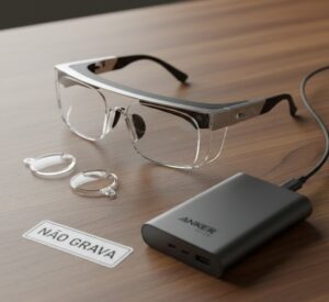 Fotografia em close-up de um óculos TCL RayNeo X2 sobre uma mesa de madeira, conectado por um cabo fino a uma bateria externa Anker. Ao lado, lentes graduadas e um adesivo escrito "NÃO GRAVA"