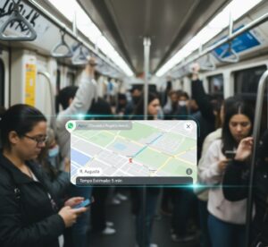 Visão em primeira pessoa de dentro de um vagão de metrô lotado. No campo de visão, flutua uma interface digital translúcida mostrando o trajeto do Google Maps e uma notificação do WhatsApp, enquanto pessoas ao fundo olham com curiosidade.
