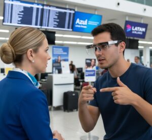 Ilustração de um balcão de check-in de aeroporto. Um passageiro usando óculos inteligentes aponta para o próprio rosto tentando mostrar o cartão de embarque digital, enquanto uma atendente de uniforme olha com expressão confusa e cética.