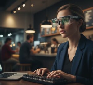 Um desenvolvedor sentado em um café, usando óculos inteligentes e um teclado mecânico compacto. À frente dele, não há monitor físico, apenas o vazio, mas o reflexo nas lentes dos óculos sugere telas de código flutuantes.