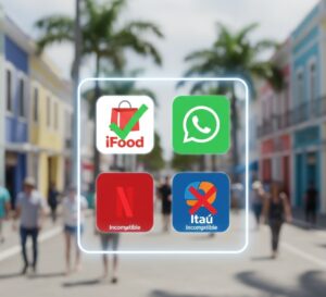 Representação visual de uma interface de óculos AR mostrando ícones de apps brasileiros como iFood e WhatsApp com checkmarks verdes, enquanto apps de bancos e streaming aparecem com ícones de erro e "X" vermelho.