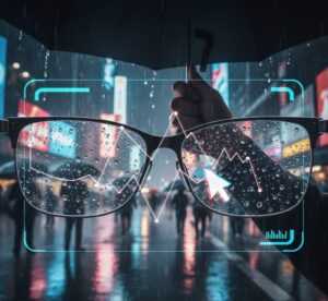 Pessoa segurando um guarda-chuva em uma rua movimentada sob chuva pesada, tentando ajustar o óculos inteligente enquanto o cursor na tela AR pula de forma errática devido às gotas de água.