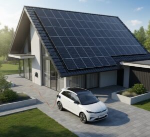 BYD Dolphin Mini sendo carregado em uma casa equipada com painéis solares modernos.