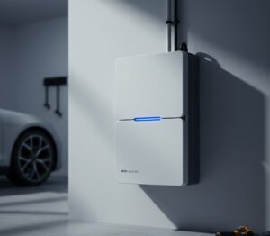 Bateria de lítio de alta tecnologia instalada em uma residência para armazenamento de energia solar.