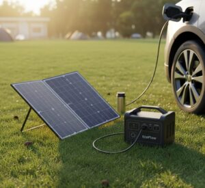 Estação de energia portátil e painéis solares dobráveis carregando um carro elétrico em ambiente externo.