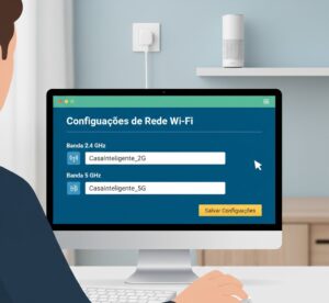Pessoa utilizando um computador para acessar o painel de configurações de um roteador Wi-Fi, mostrando a tela com as opções para separar as bandas de 2.4 GHz e 5 GHz, com campos para renomear as redes para "CasaInteligente_2G" e "CasaInteligente_5G" e um botão "Salvar Configurações".