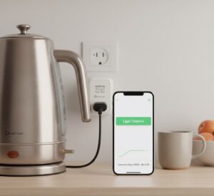 Smart plug branco conectado a uma tomada de parede, com uma chaleira elétrica de aço inoxidável conectada ao smart plug. Ao lado, um smartphone exibe o aplicativo de controle do smart plug, mostrando um botão "Ligar Chaleira" e um gráfico de consumo de energia com a leitura "Consumo Hoje: 850W - R$ 0,45".
