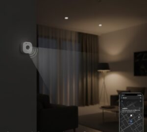 Sensor de presença inteligente branco montado em uma parede cinza, emitindo ondas de detecção em um ambiente de sala de estar com iluminação suave. Um smartphone na parte inferior direita exibe uma notificação de "ALERTA: Movimento detectado na SALA DE ESTAR (23:17)".