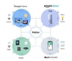 Câmera de segurança inteligente branca e preta montada em uma estante, monitorando uma sala de estar. Uma mão segura um smartphone que exibe a imagem ao vivo da câmera, com um botão "Privacy Mode" ativado, indicando a preocupação com privacidade.