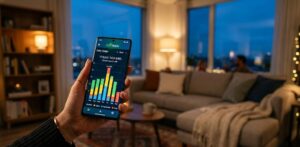 Smartphone exibindo gráfico de consumo de energia ao lado de uma sala de estar moderna e iluminada.