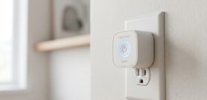 Close-up de uma tomada inteligente branca conectada à parede com uma luz LED azul discreta.